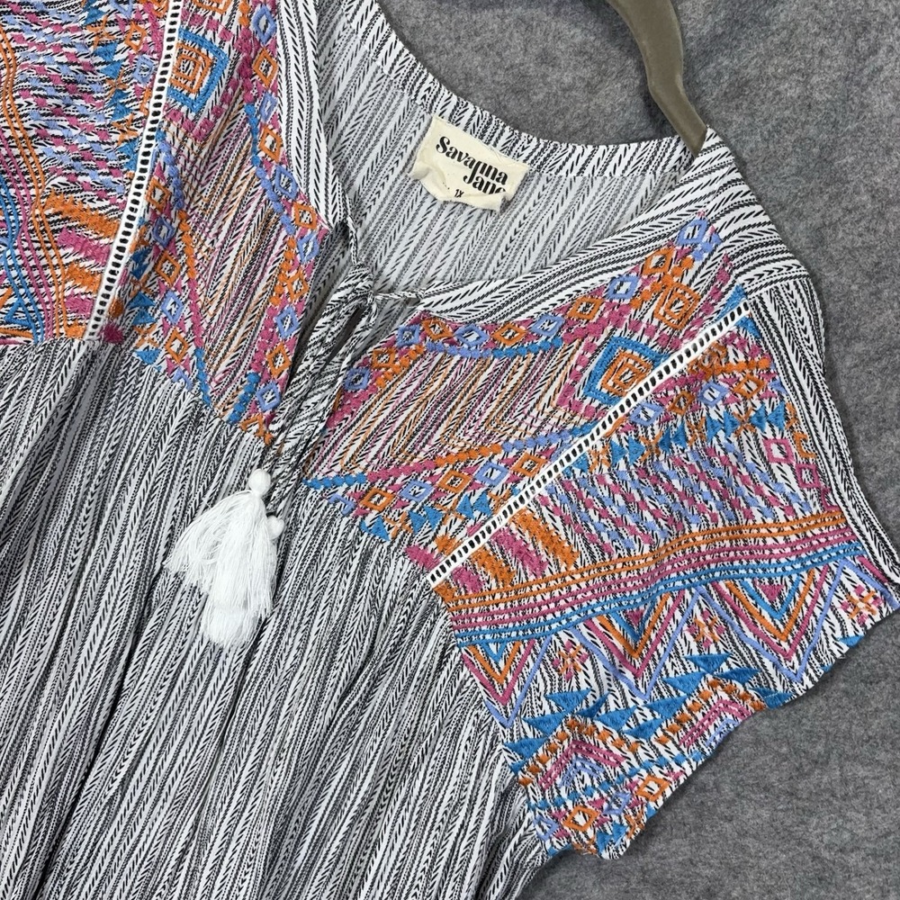 Savanna Jane Blouse Womens 1X Gray Striped Aztec Tassel Tie Boxy Boho